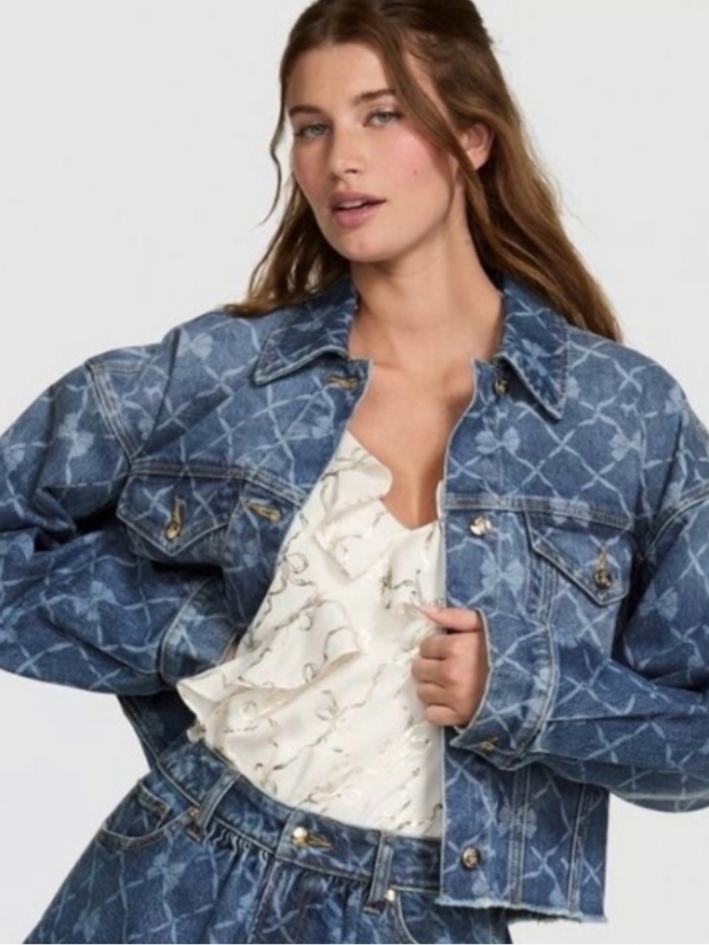 PINK X Love Shack Fancy Oversized Cropped Jean Jacket Womens XL